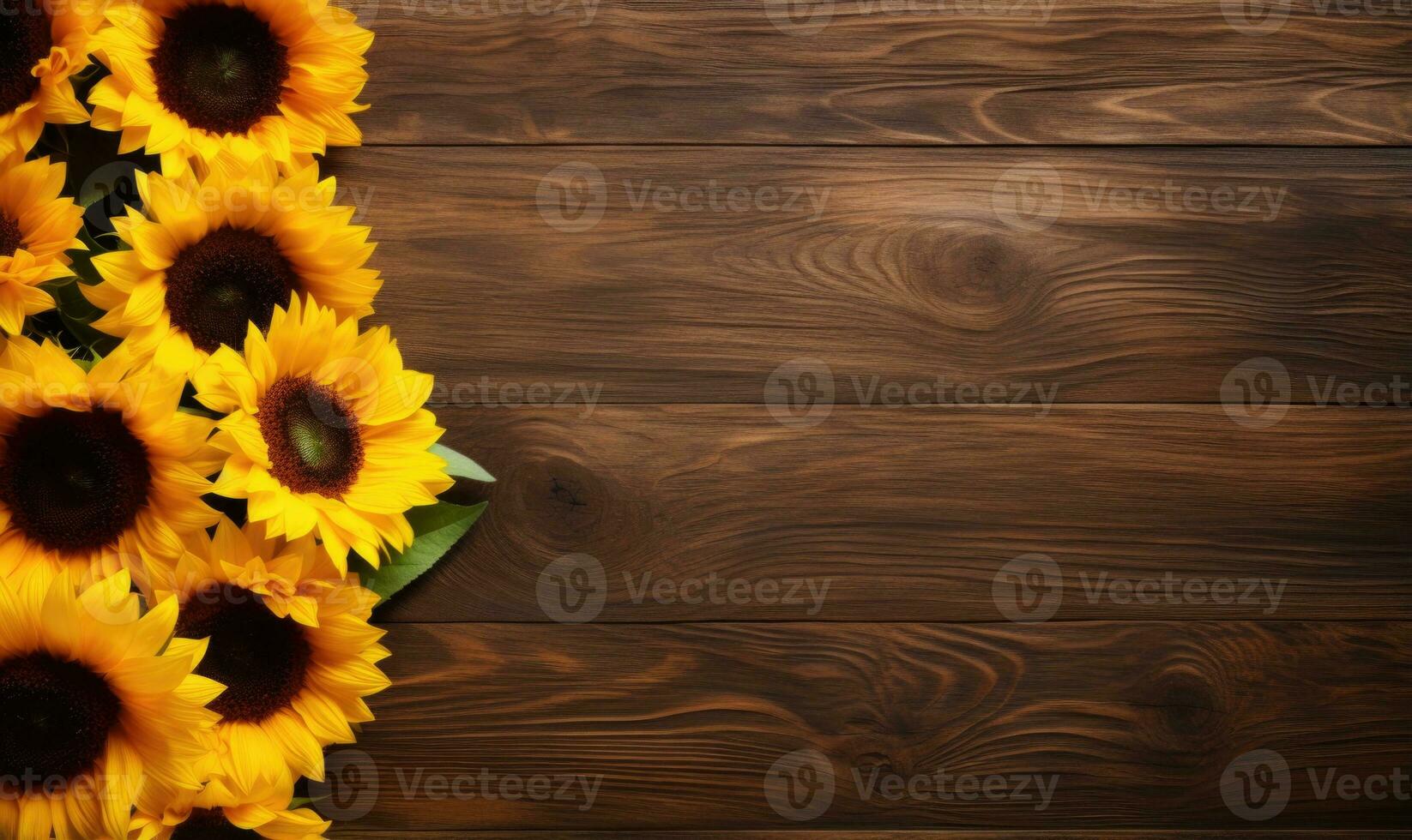 AI generated Sunflowers on wooden background. Top view with copy space. photo