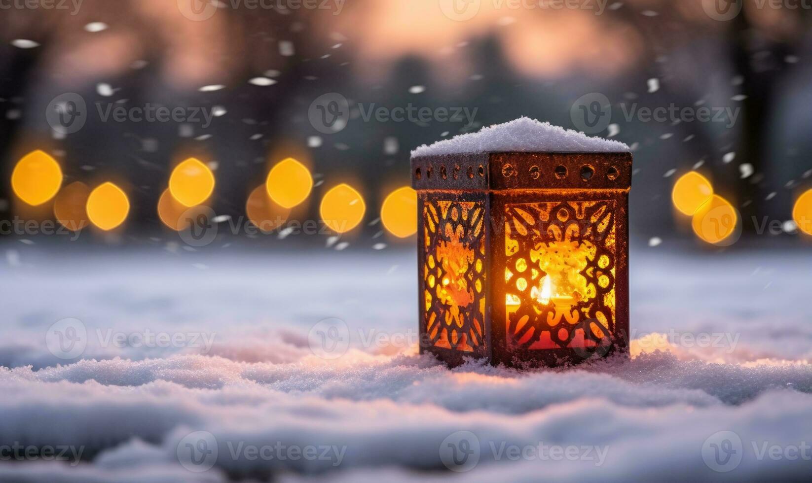 AI generated Christmas lantern with snow and bokeh background. Festive decoration. photo