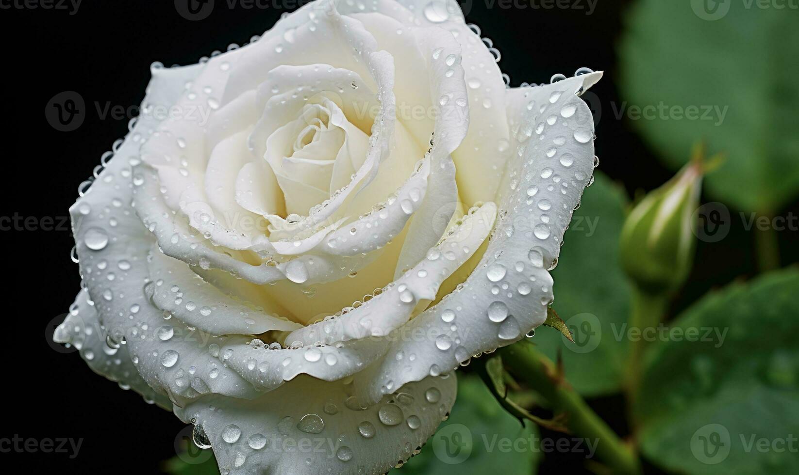 AI generated White rose with water droplets on petals on a black background . Closeup view photo