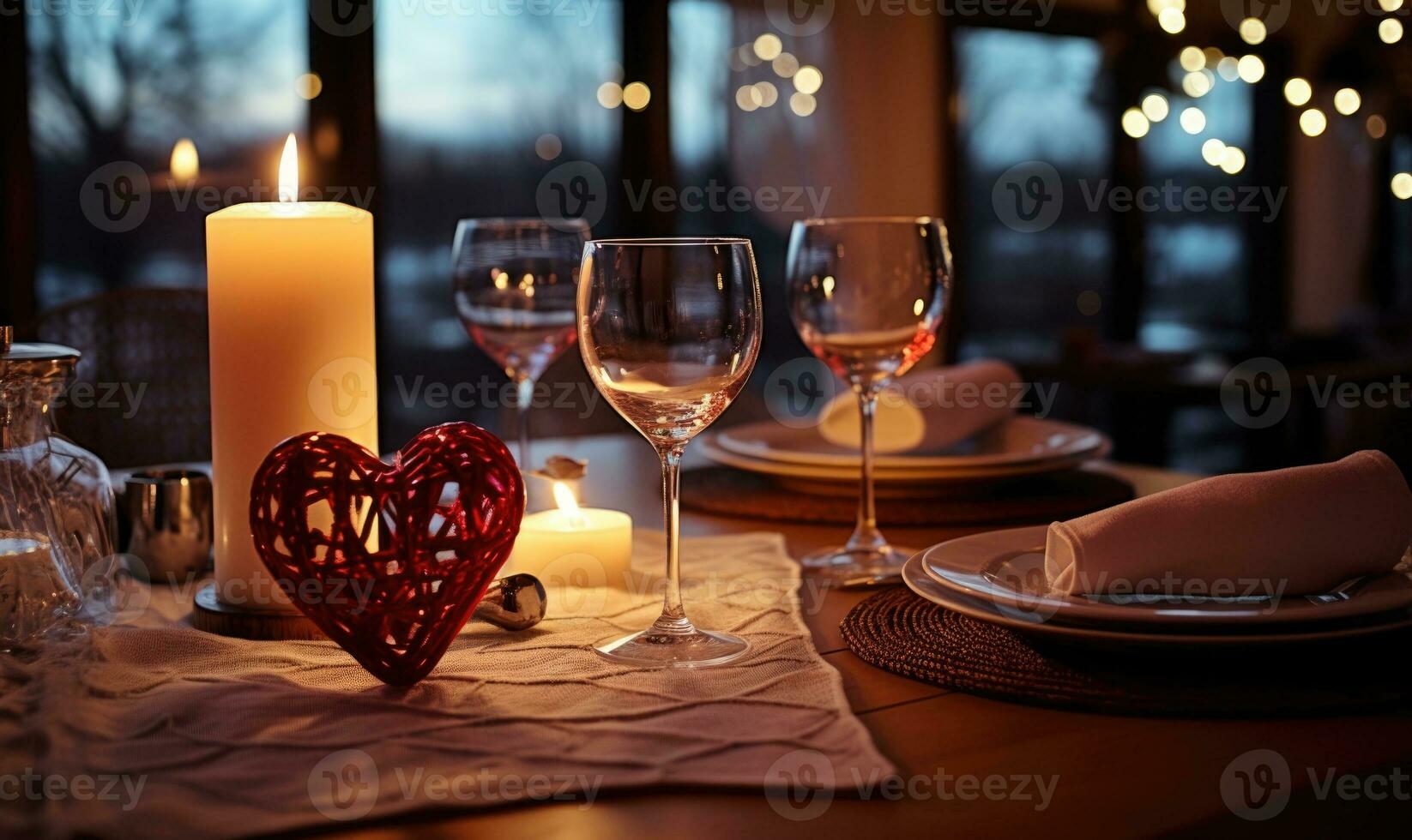AI generated Romantic dinner setting with roses and candles on wooden table in restaurant photo