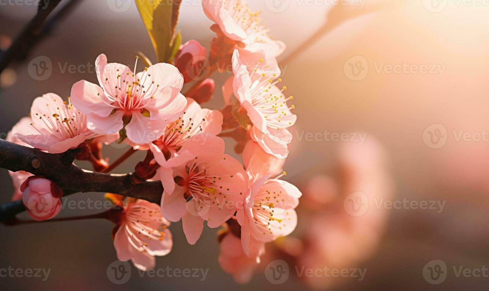AI generated Blossoming branch of peach in the rays of the setting sun photo