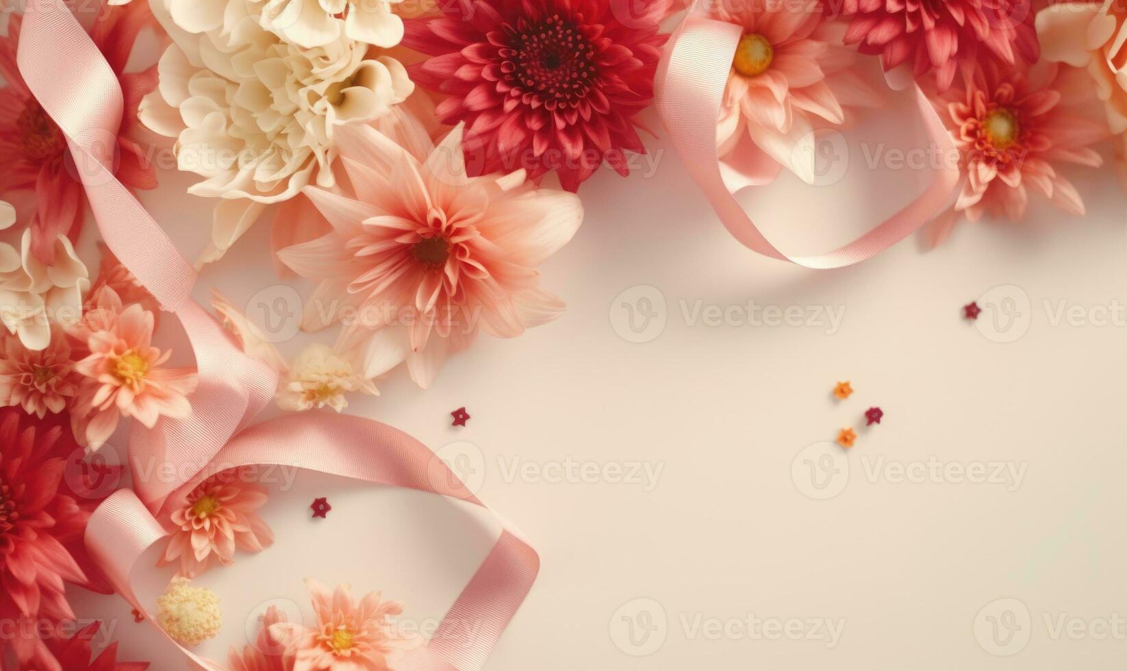 AI generated Top view of pink chrysanthemum and ribbon on white background photo