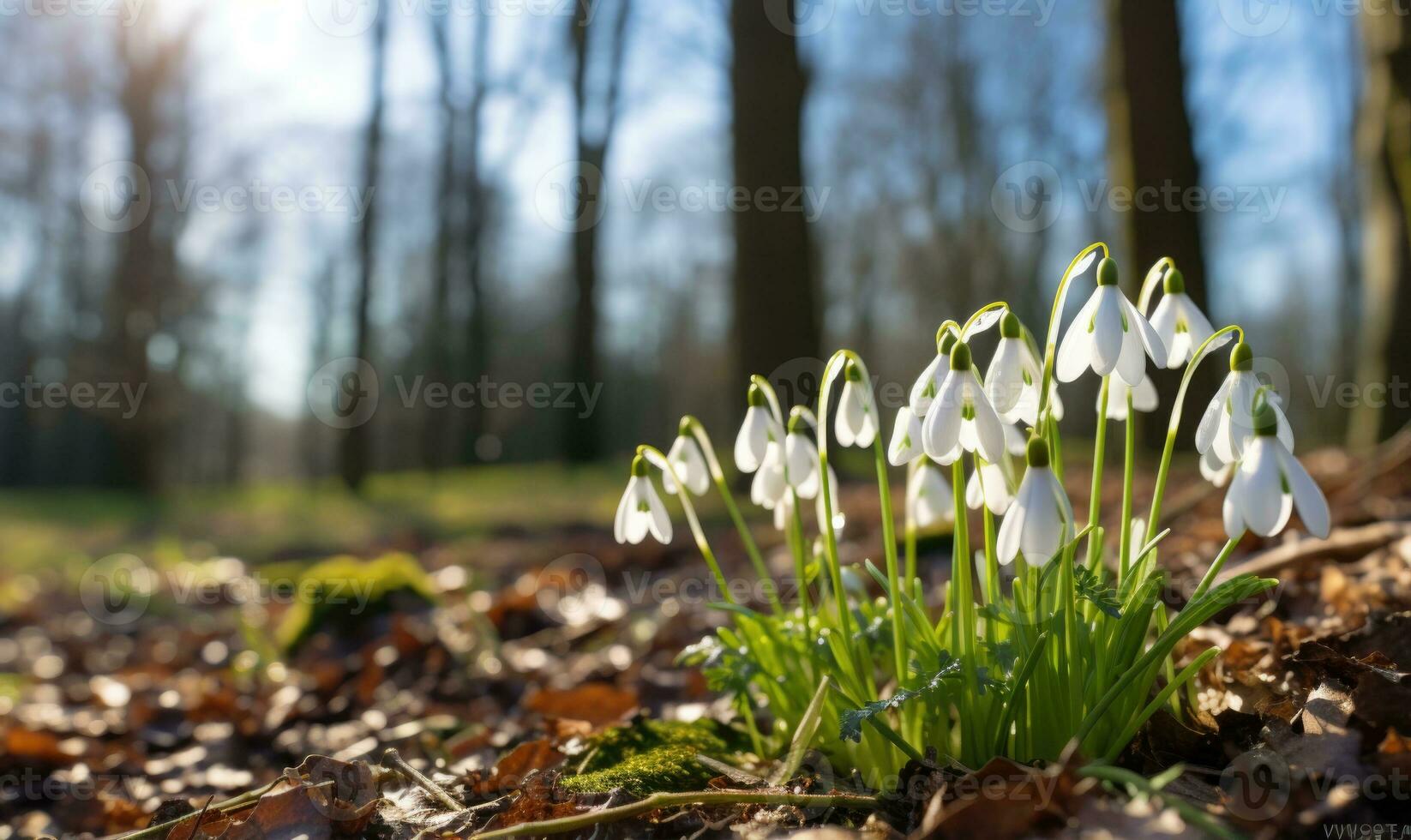 ai generado hermosa campanilla de febrero flores creciente en bosque, de cerca. temprano primavera. selectivo enfocar, bokeh ligero foto