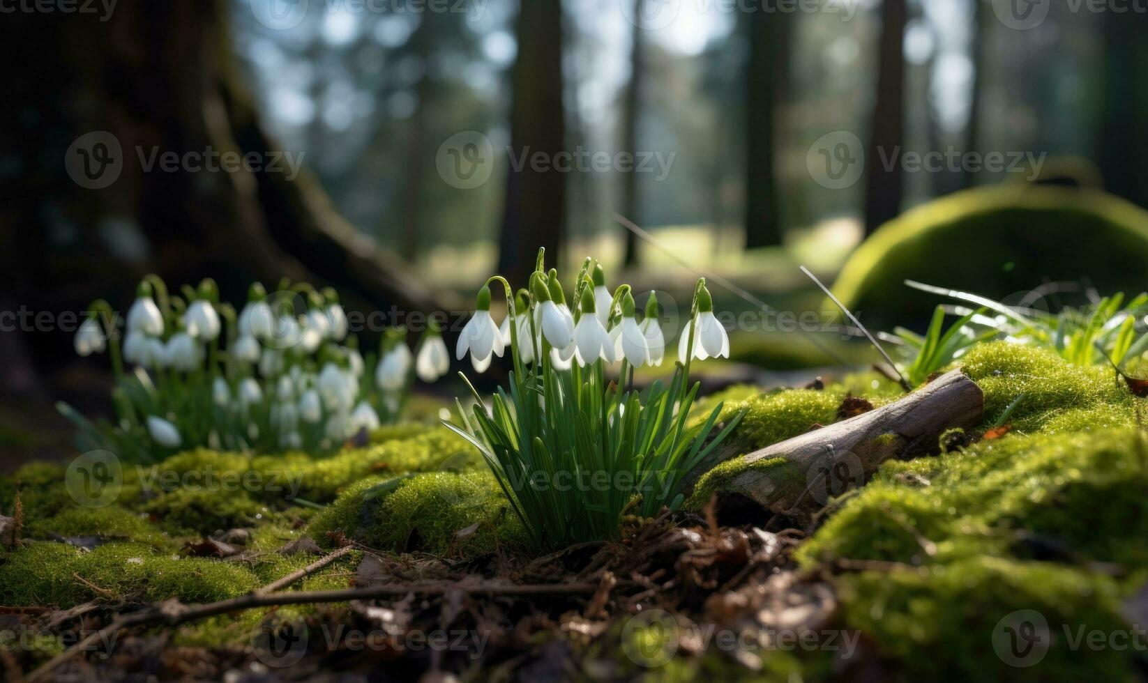 ai generado hermosa campanilla de febrero flores creciente en bosque, de cerca. temprano primavera. selectivo enfocar, bokeh ligero foto
