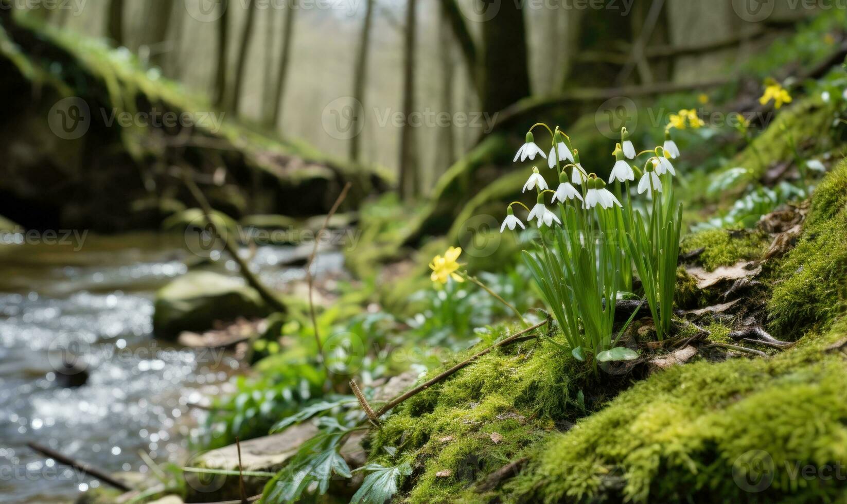 ai generado hermosa campanilla de febrero flores creciente en bosque, de cerca. temprano primavera. selectivo enfocar, bokeh ligero foto
