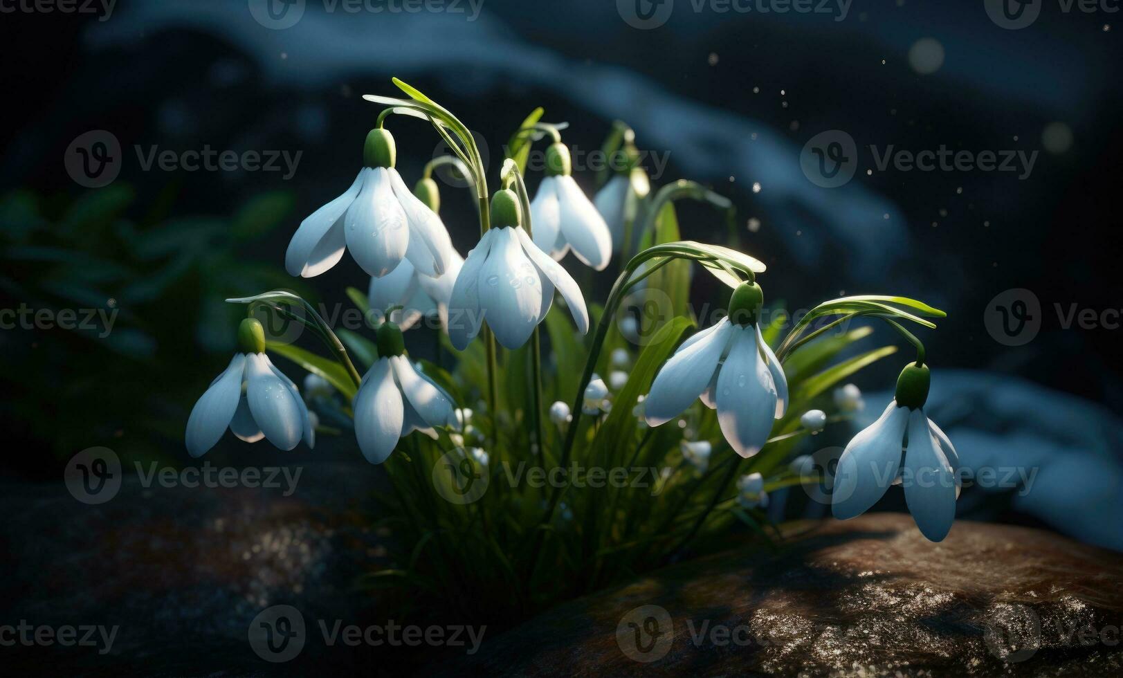 ai generado hermosa campanilla de febrero flores creciente en bosque, de cerca. temprano primavera. selectivo enfocar, bokeh ligero foto