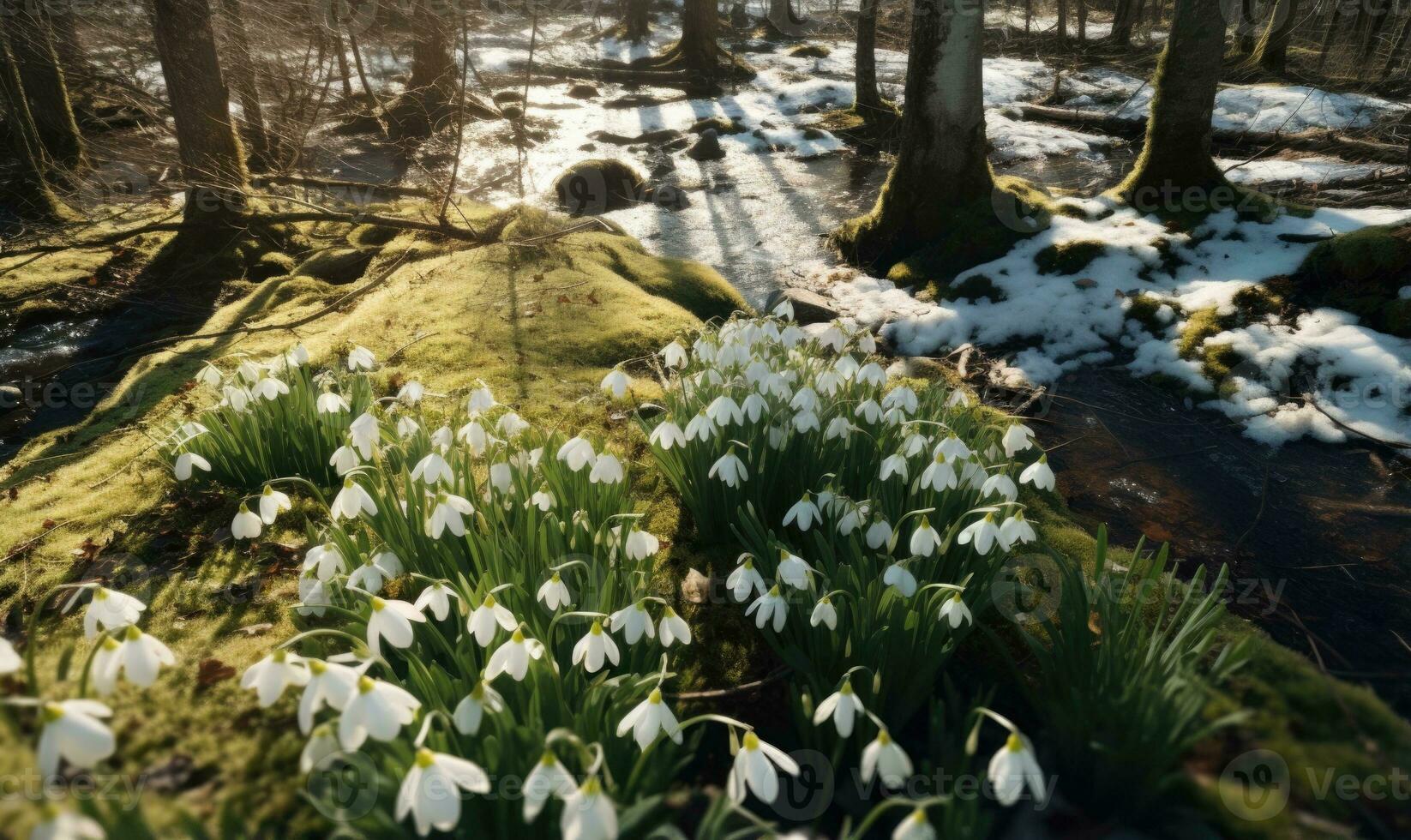 ai generado bosque cubierto con campanillas de invierno temprano primavera paisaje foto