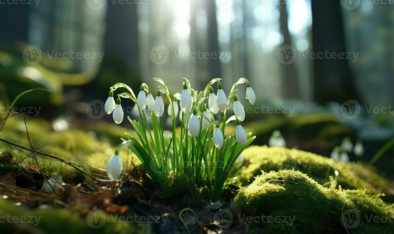 ai generado hermosa campanilla de febrero flores creciente en bosque, de cerca. temprano primavera. selectivo enfocar, bokeh ligero foto