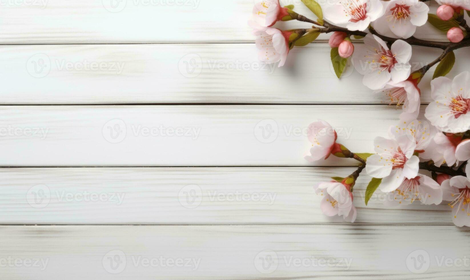 AI generated peach blossom on white wooden background with copy space for your text photo