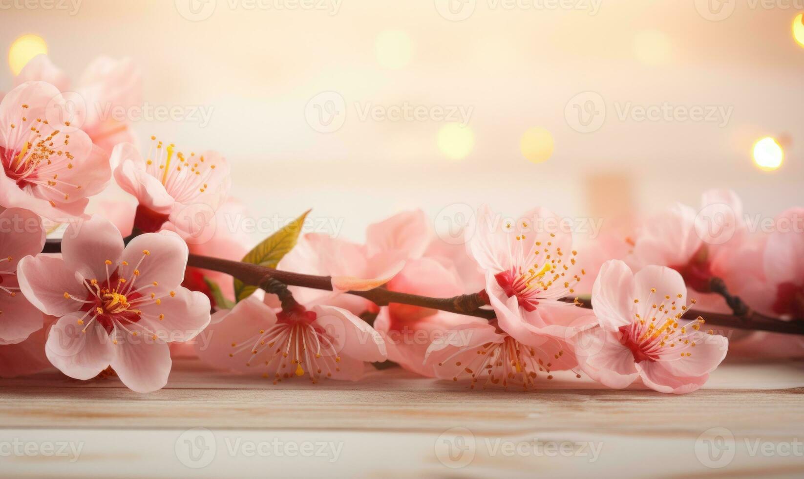 AI generated Blossoming branch of peach on a wooden background with copy space photo