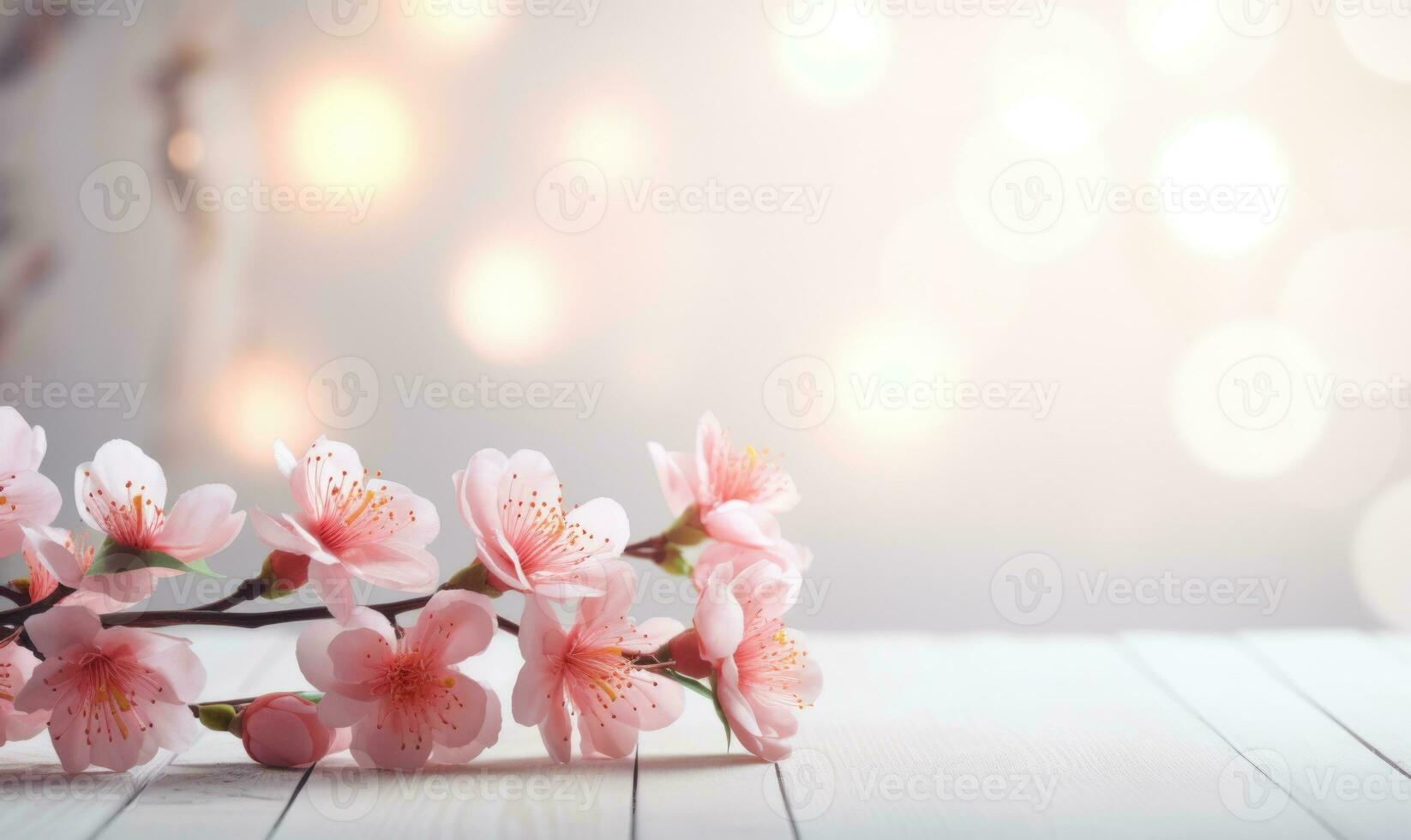 AI generated Blossoming branch of peach on a wooden background with copy space photo