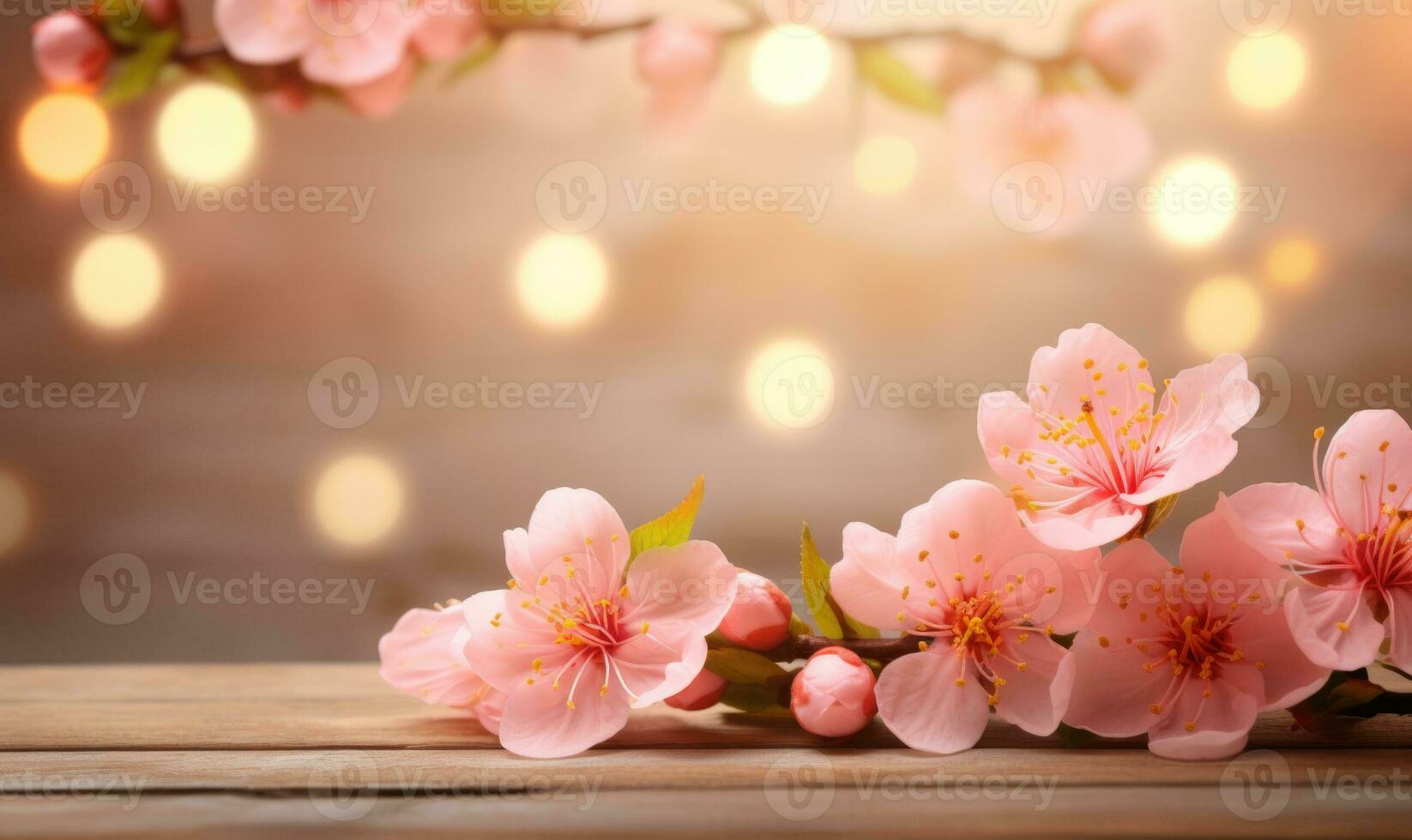 AI generated peach blossom on wooden table with bokeh light background photo