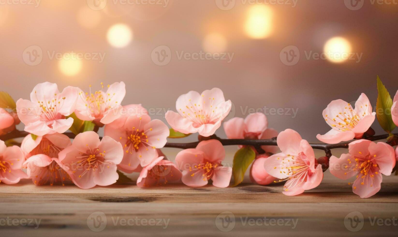 AI generated Blossoming branch of peach on a wooden background with copy space photo