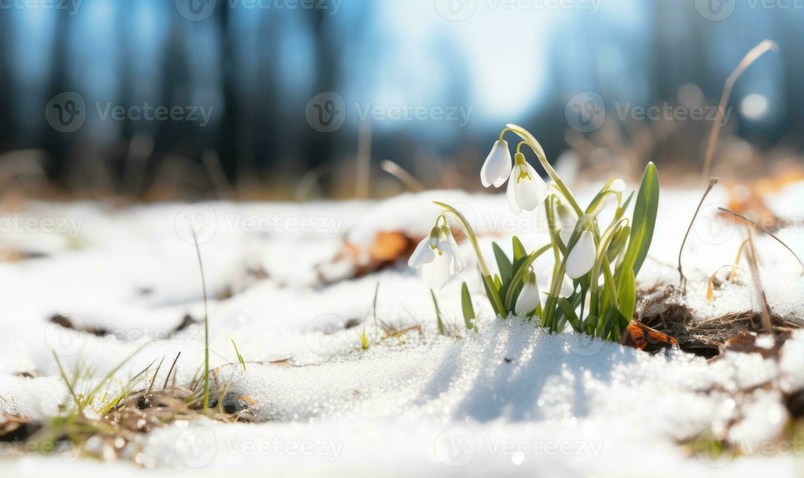 ai generado hermosa campanilla de febrero flores creciente en bosque, de cerca. temprano primavera. selectivo enfocar, bokeh ligero foto