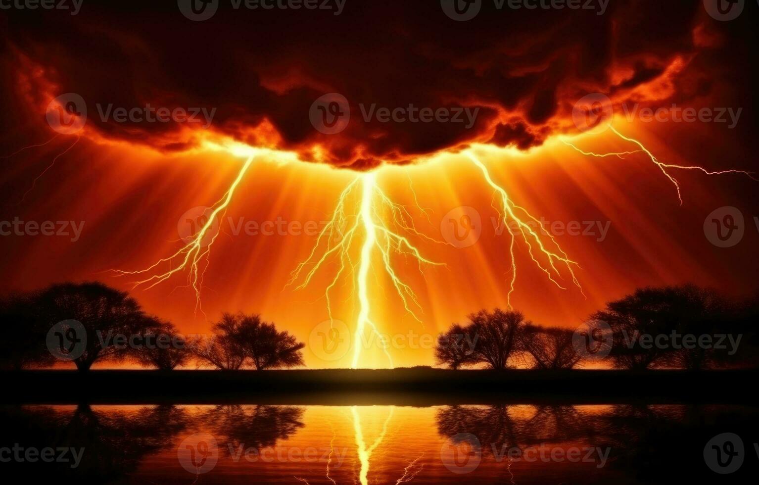 AI generated Fiery thunderstorm over the sea. Thunderstorm and lightning in the night sky. photo