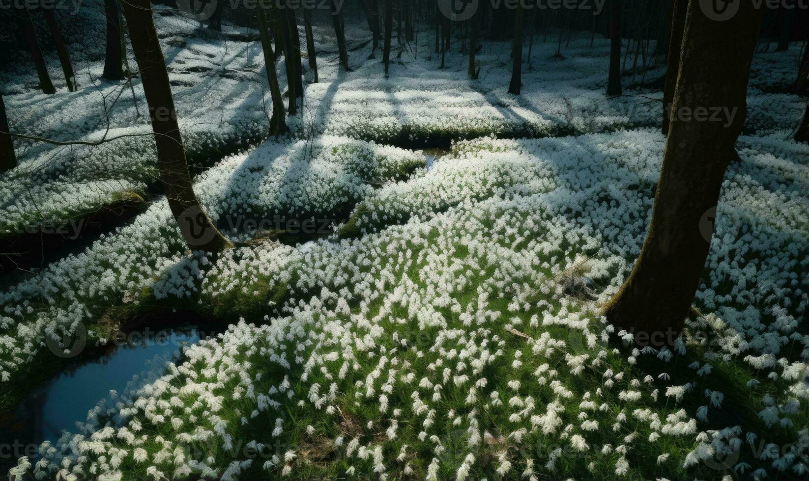 ai generado bosque cubierto con campanillas de invierno temprano primavera paisaje foto