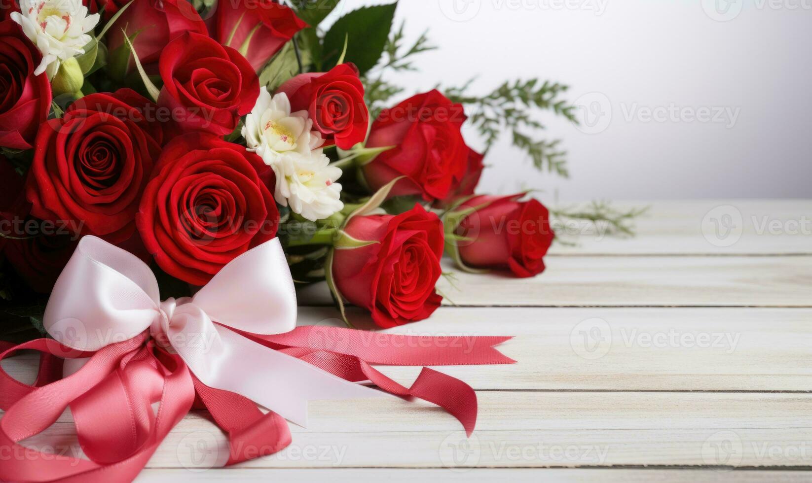 AI generated Bouquet of red roses on white wooden background with copy space photo