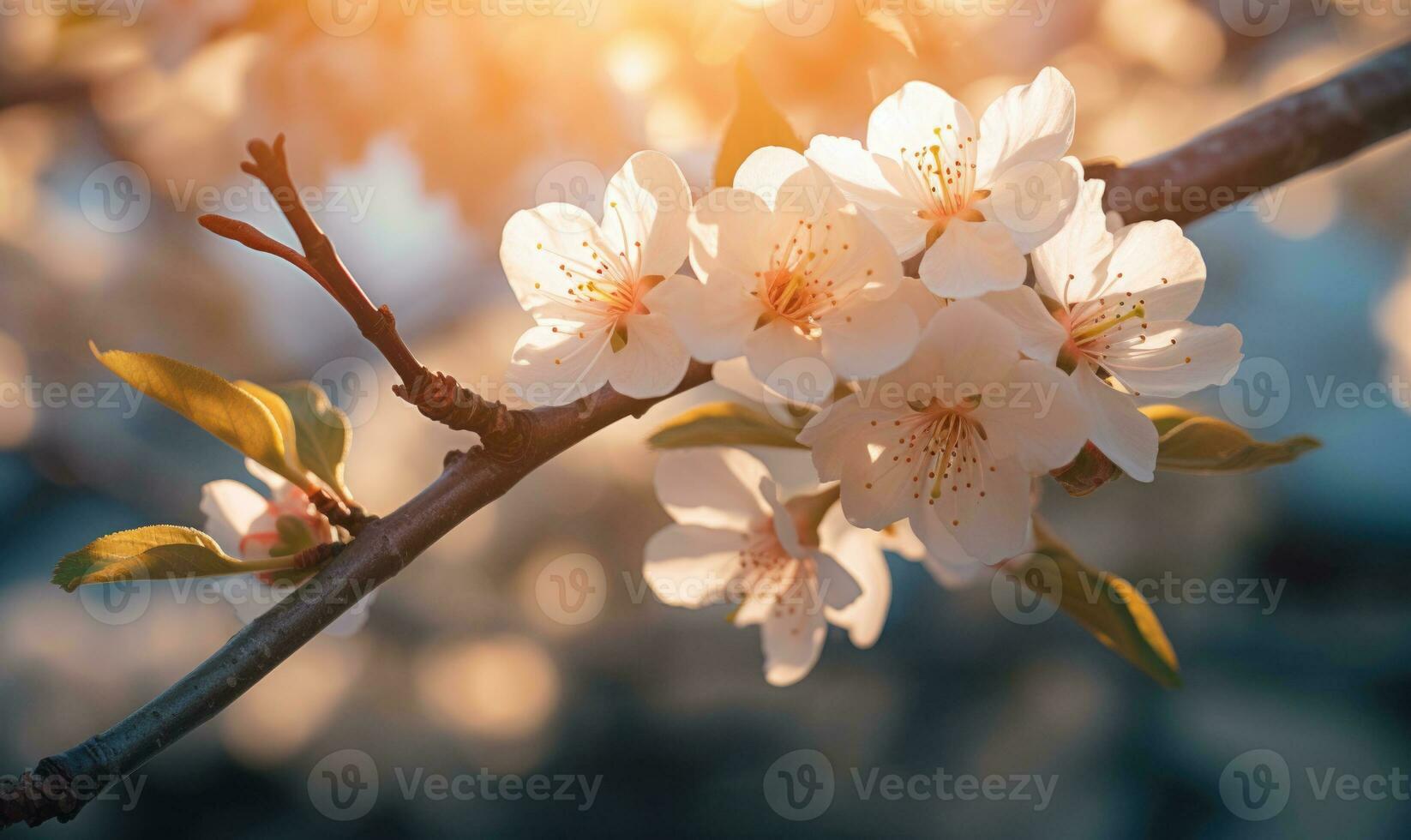 AI generated Blossoming branch of peach in the rays of the setting sun photo