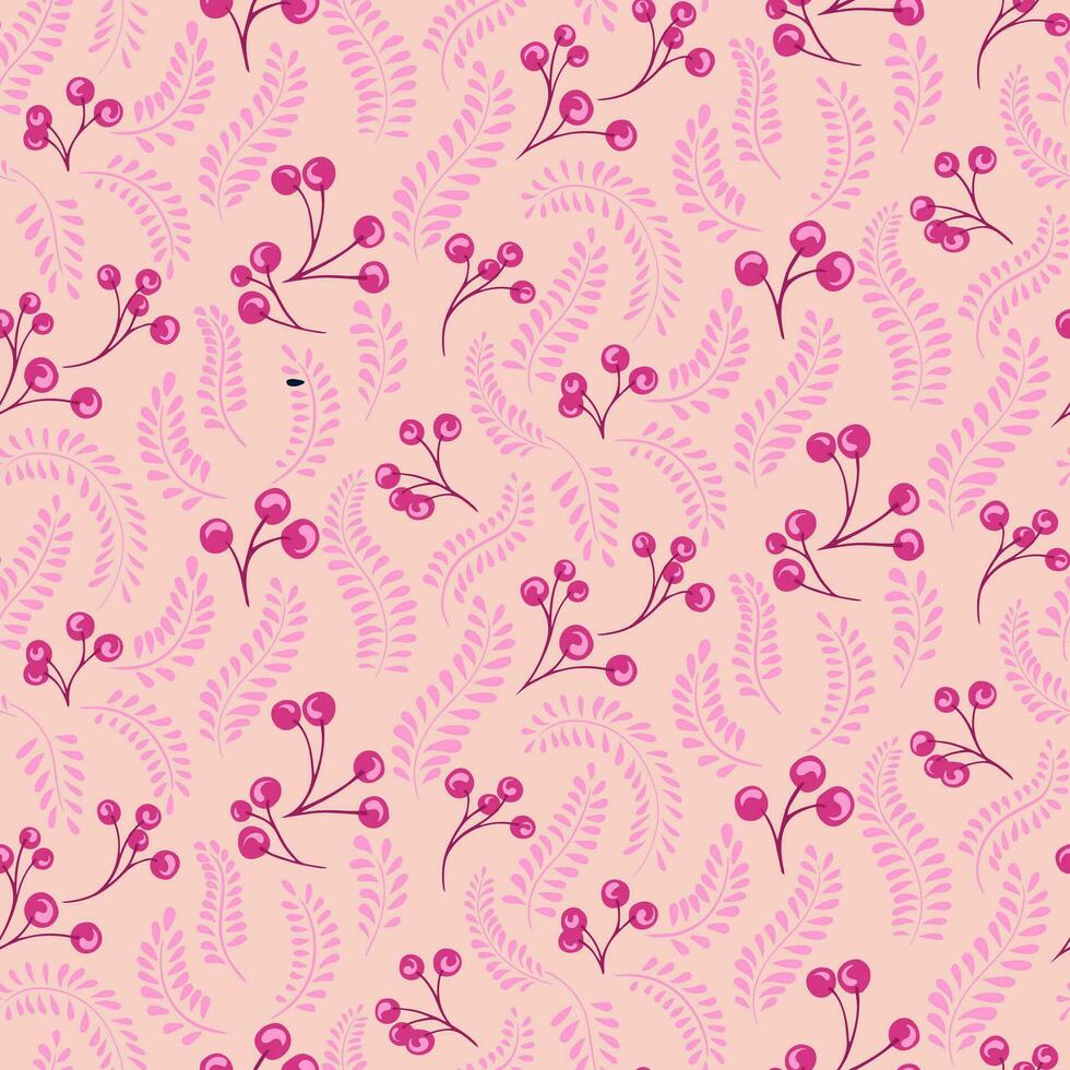 Stylized pink seamless pattern with creative berries branches and leaves stem. Vector hand drawn sketch. Retro simple background with tiny floral leaf branches and drops. Design for fashion, fabric
