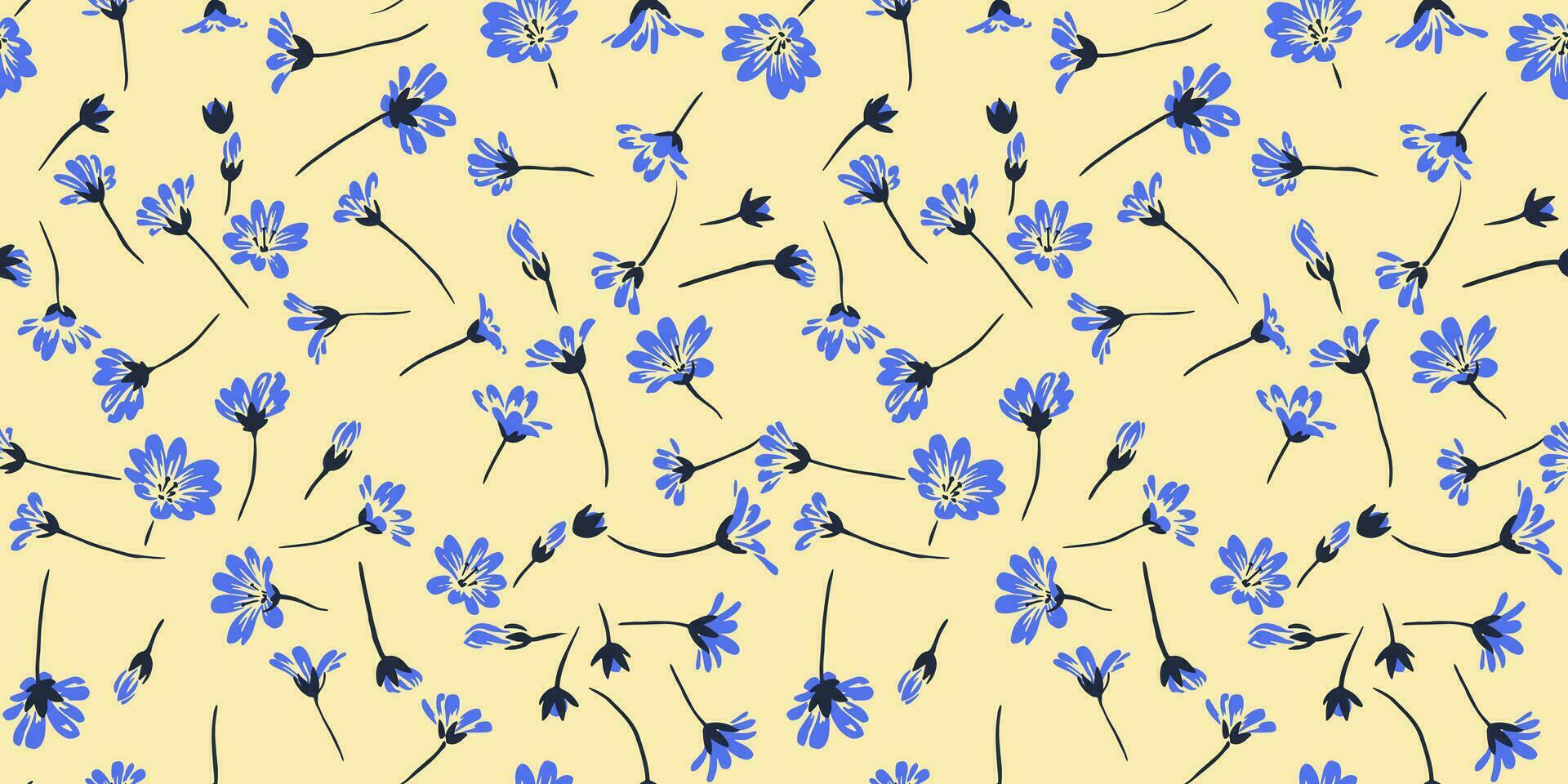 Art simple blue tiny floral pattern on a yellow background. Vector hand drawn sketch. Creative shape wild flowers printing. Design for fashion, fabric, and textile.