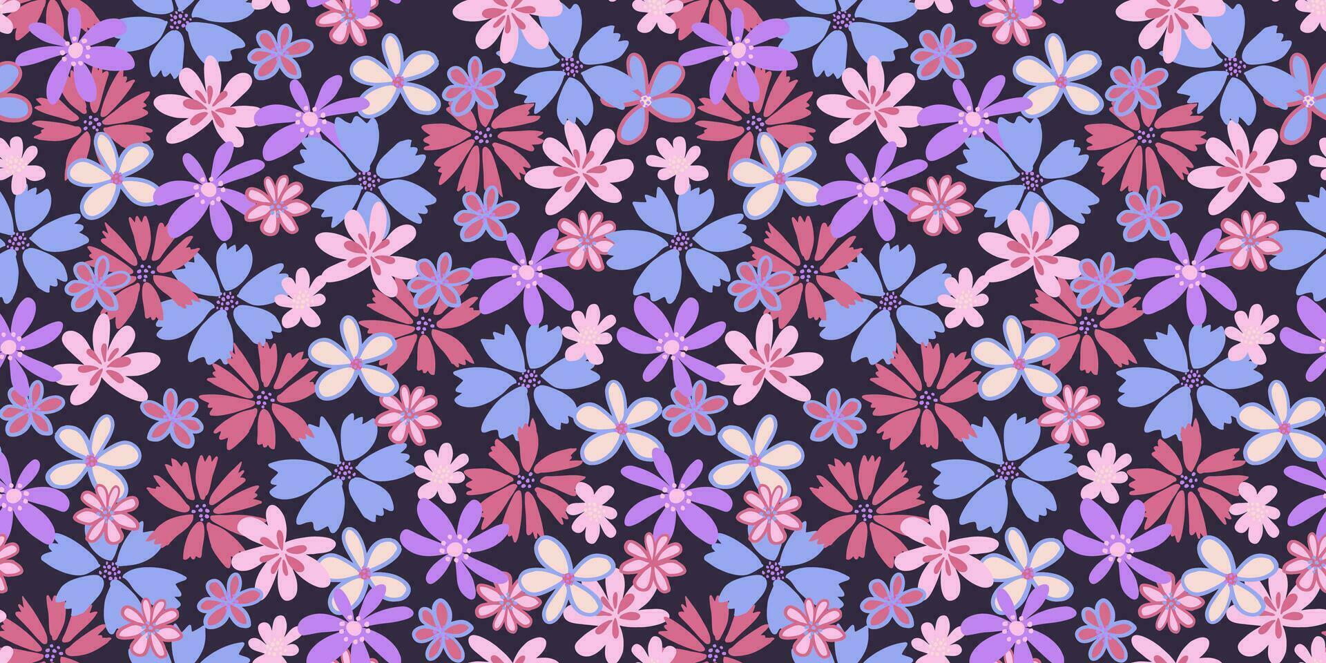 Colorful stylized shape flowers seamless pattern. Vector hand drawn sketch doodle. Abstract simple liberty floral printing. Design for fashion, textile, fabric, wallpaper