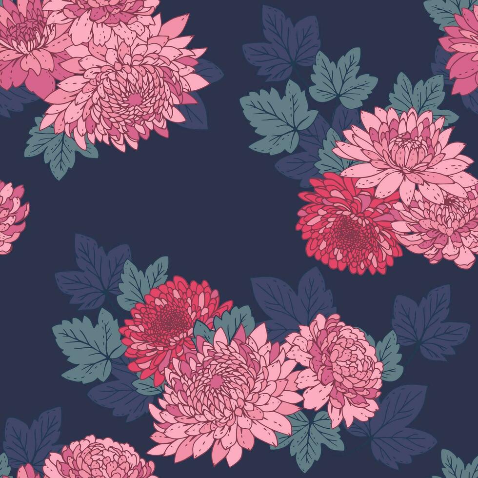 Artistic abstract bouquet flowers and leaves seamless pattern. Vector hand drawn. Elegance retro pink floral and leaf on a dark blue background. Stylized peonies, dahlias printing. Design for fashion