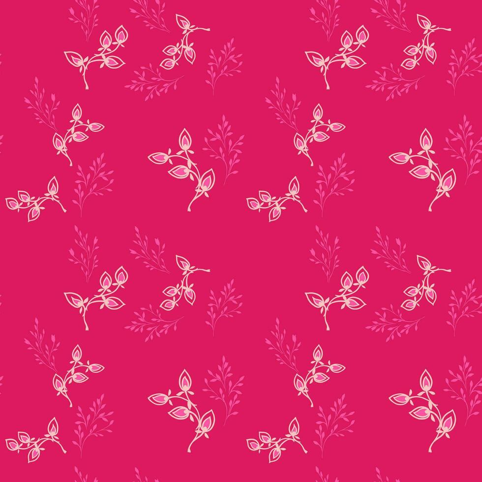 Colorful abstract stylized floral branches seamless pattern. Simple tiny leaves branches on a pink background. Vector hand drawn. Design for fashion, textile, fabric, wallpaper, surface design