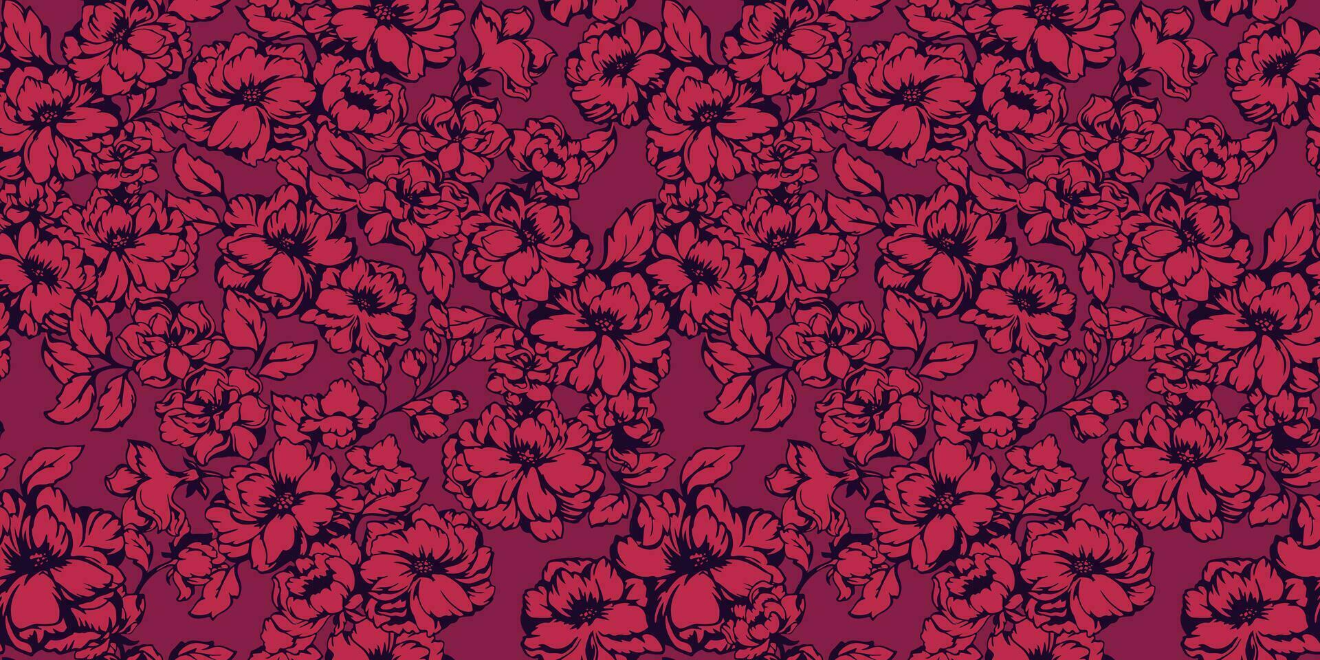Monotone burgundy field blooming floral seamless pattern. Vector hand drawn.  Stylized creative textured flowers peonies, rose. Template for design, textile, fashion, surface design, fabric