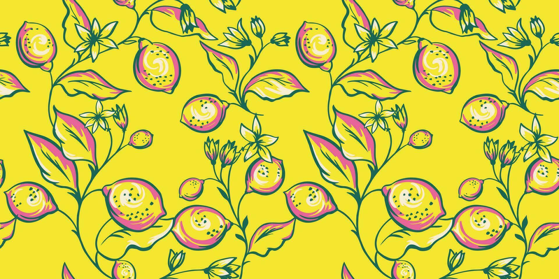 Abstract shape branches leaves with lemon, flowers seamless pattern. Vector hand drawn sketch brush floral. Simple summer leaf stems on a yellow printing.  Design for fabric, fashion, wallpaper