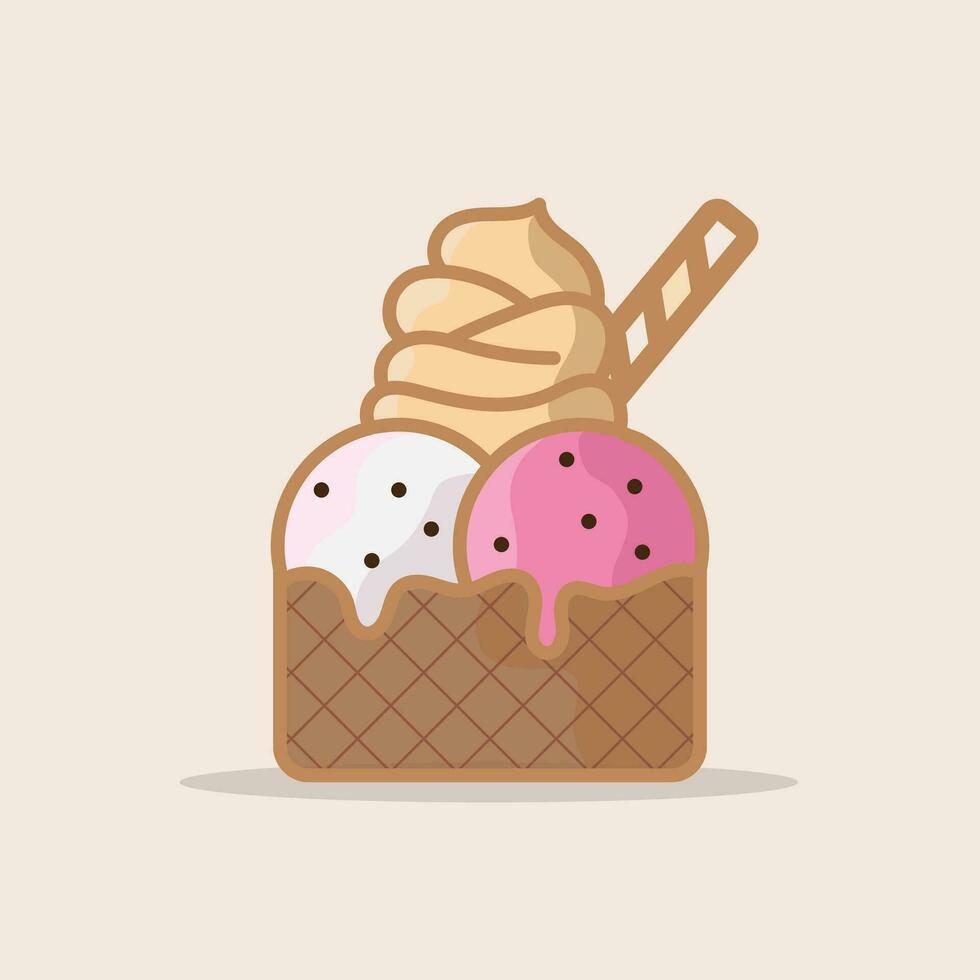 illustration of three ice creams with different flavors, melted ice cream concept. with cream background, line icon, comic, logo, t-shirt design etc. vector