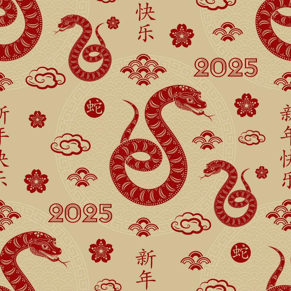 Seamless pattern with Asian elements for happy Chinese new year of the Snake 2025 vector