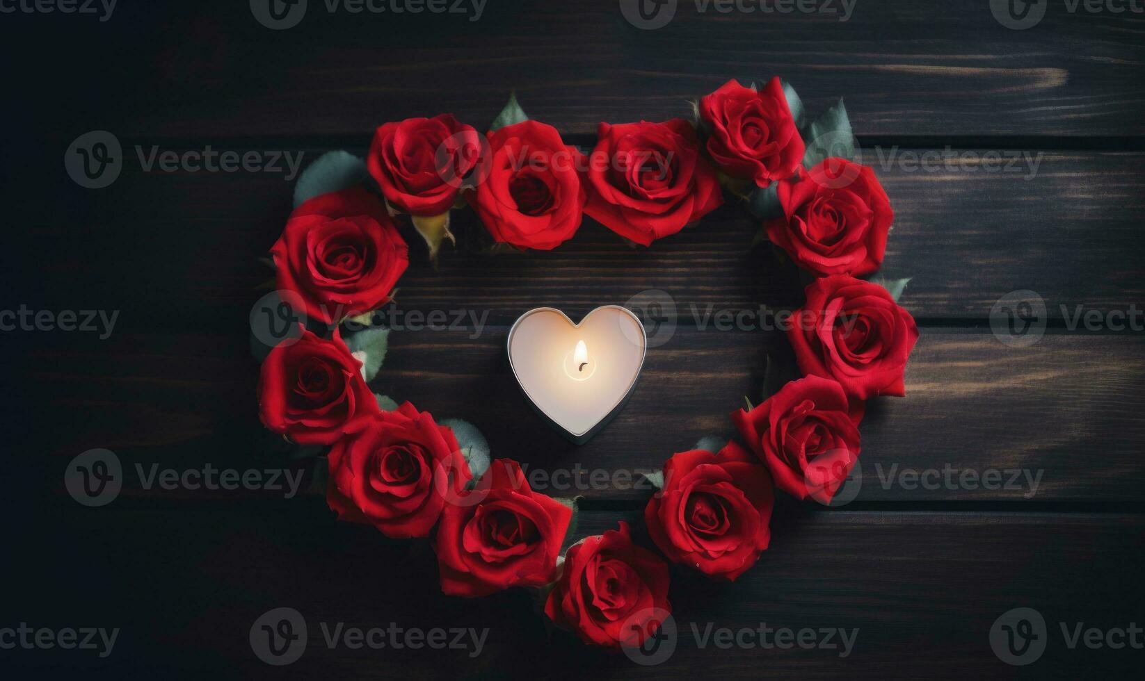 AI generated Heart of red roses and a burning candle on a dark wooden background photo
