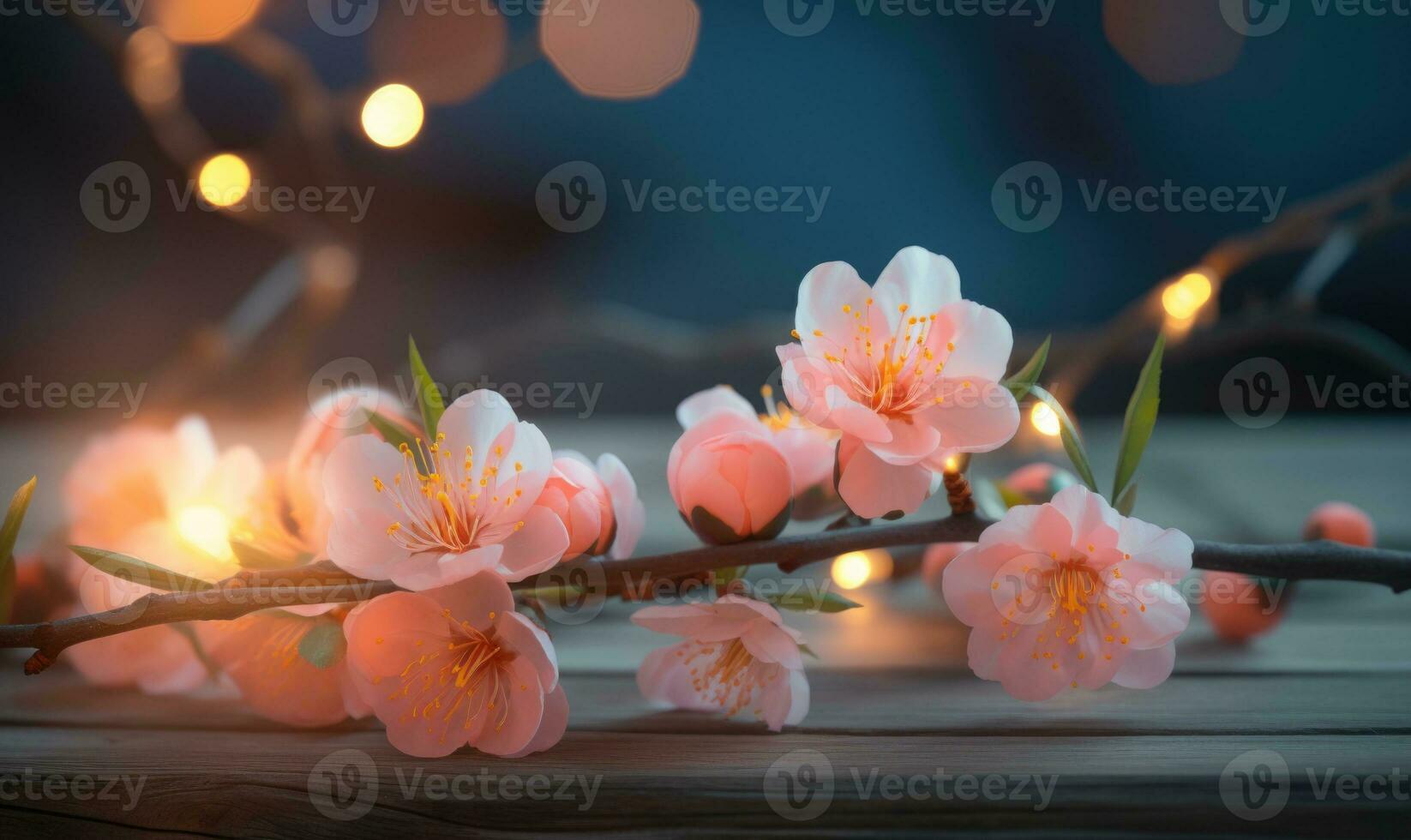 AI generated Peach blossoms on a wooden background with bokeh lights photo