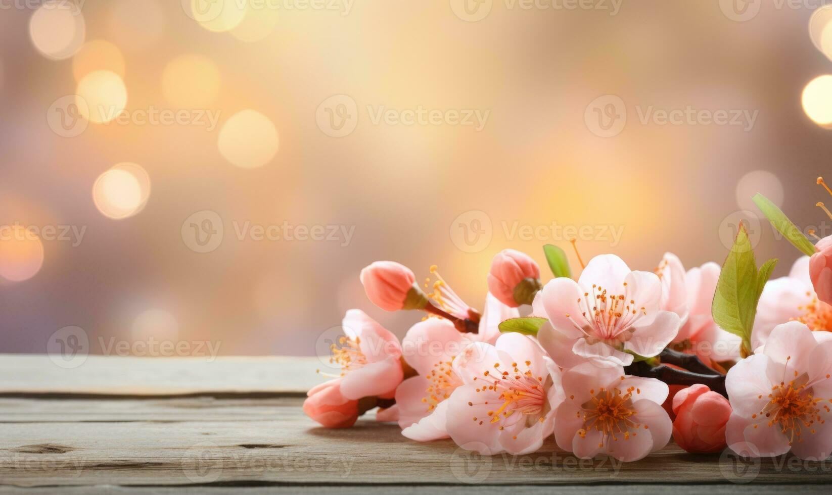 AI generated peach blossom on wooden table with bokeh light background photo