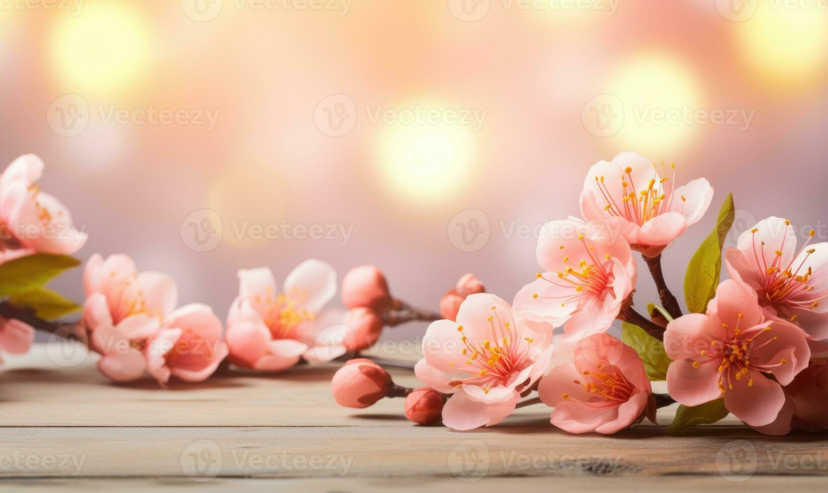 AI generated Blossoming branch of peach on a wooden background with copy space photo
