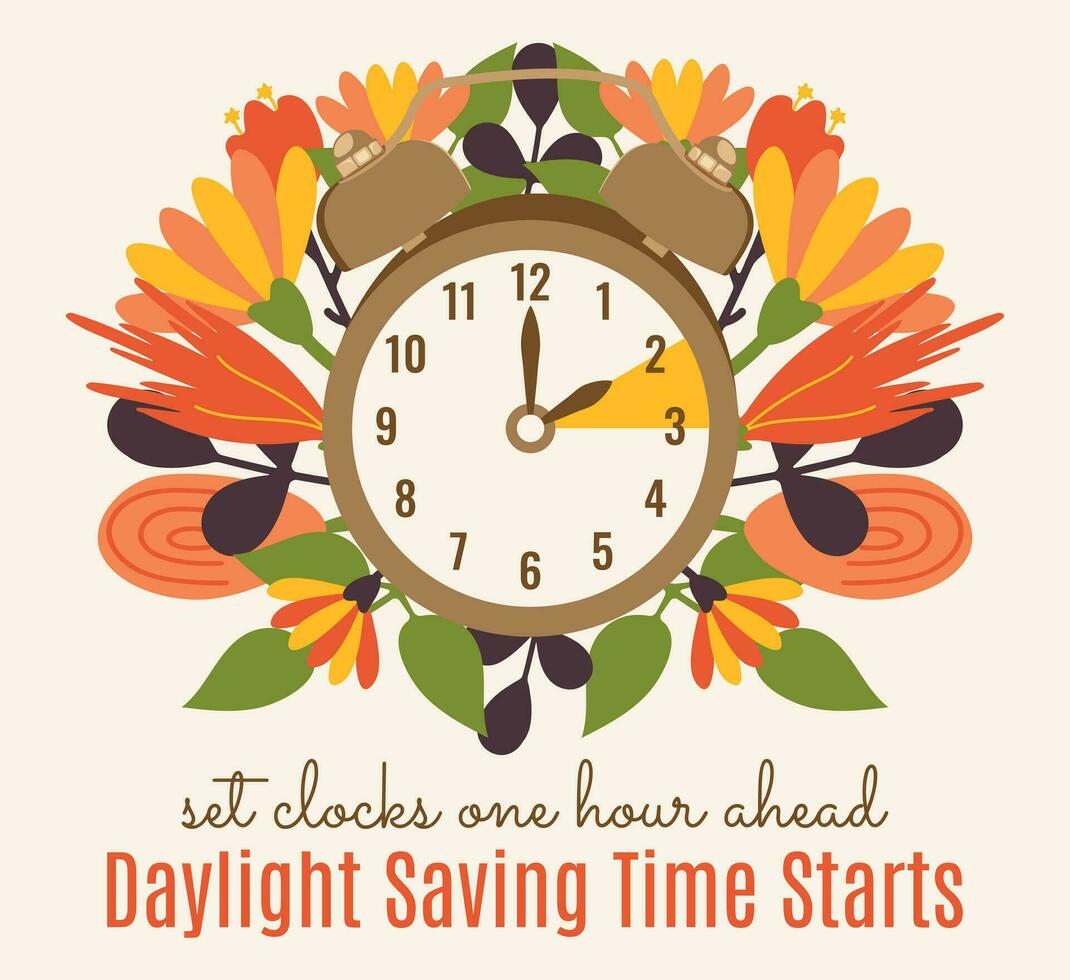 Daylight Saving Time floral concept. Hand of clocks turning to summertime. Spring Forward reminder. Vector illustration in flat style with bright, rich flowers and leaves isolated on white background