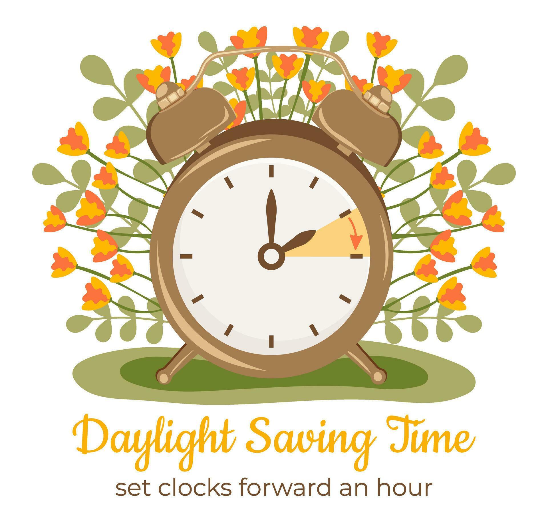 Daylight Saving Time begins flower concept. Change your clocks forward an hour. Alarm with hand