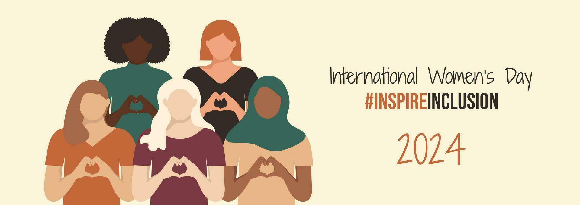 internacional De las mujeres día bandera 2024. iwd inspirarinclusión horizontal diseño con muchachas muestra corazón forma con su manos. inspirar inclusión social campaña. variado mujer en sin rostro estilo. vector