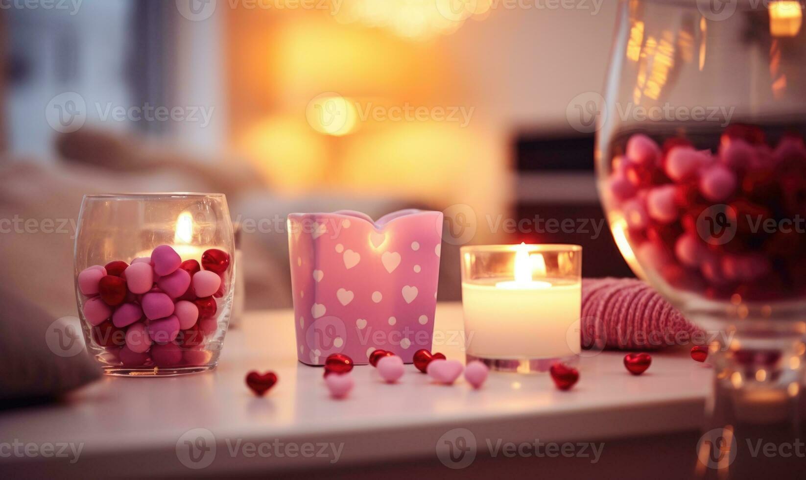 AI generated a beautiful set with two crystal glasses with pink wine on table, burning candles and decoration with chocolate hearts. valentine's day holiday photo