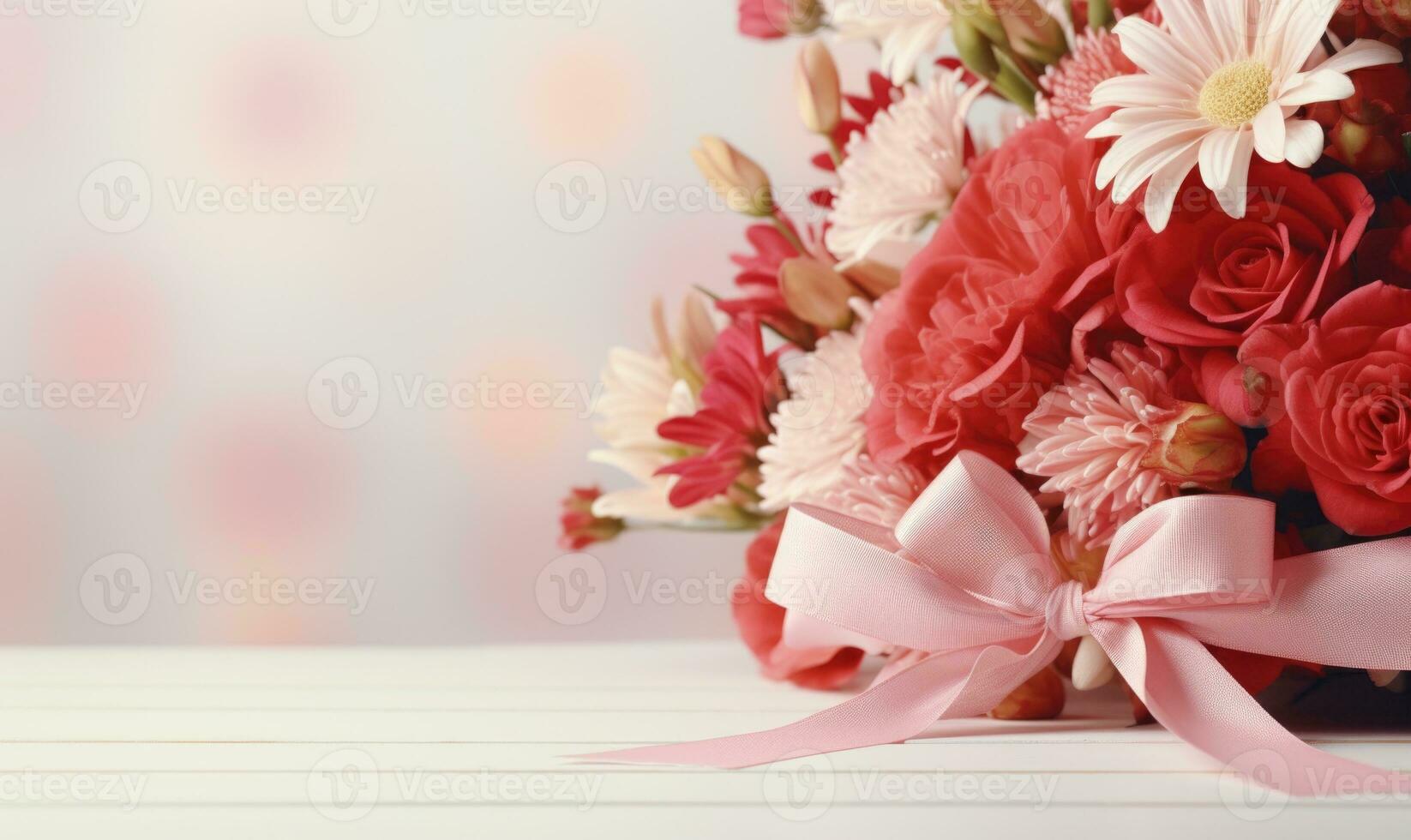 AI generated Bouquet of red and white roses with a bow on a light background photo