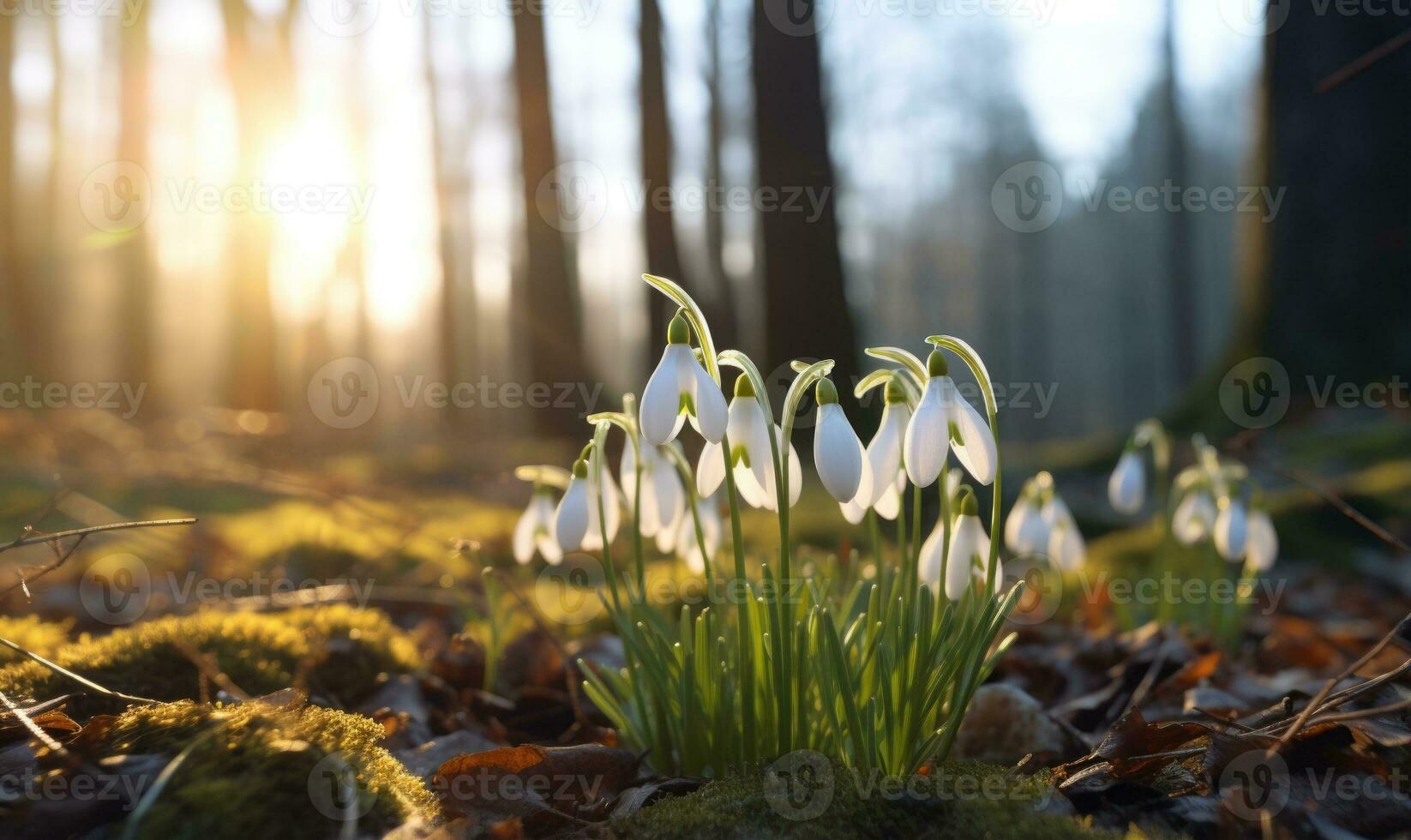 ai generado hermosa campanilla de febrero flores creciente en bosque, de cerca. temprano primavera. selectivo enfocar, bokeh ligero foto