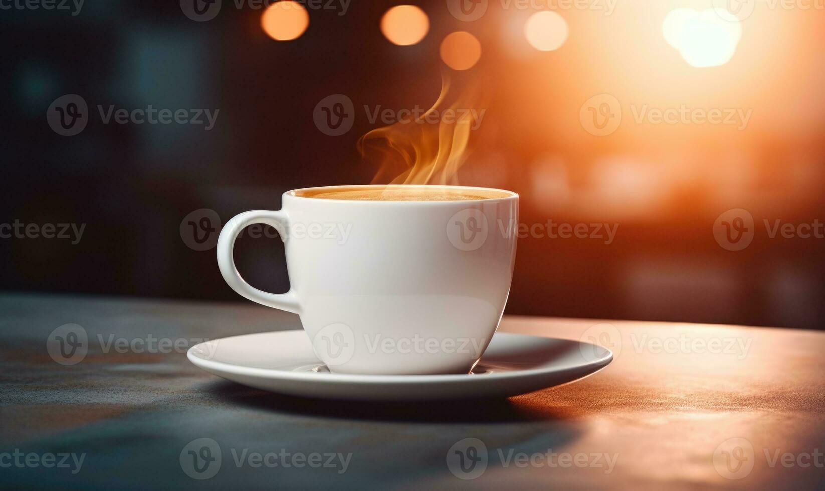 AI generated A cup of coffee with latte art on a saucer surrounded by warm light that invokes a cozy morning atmosphere photo