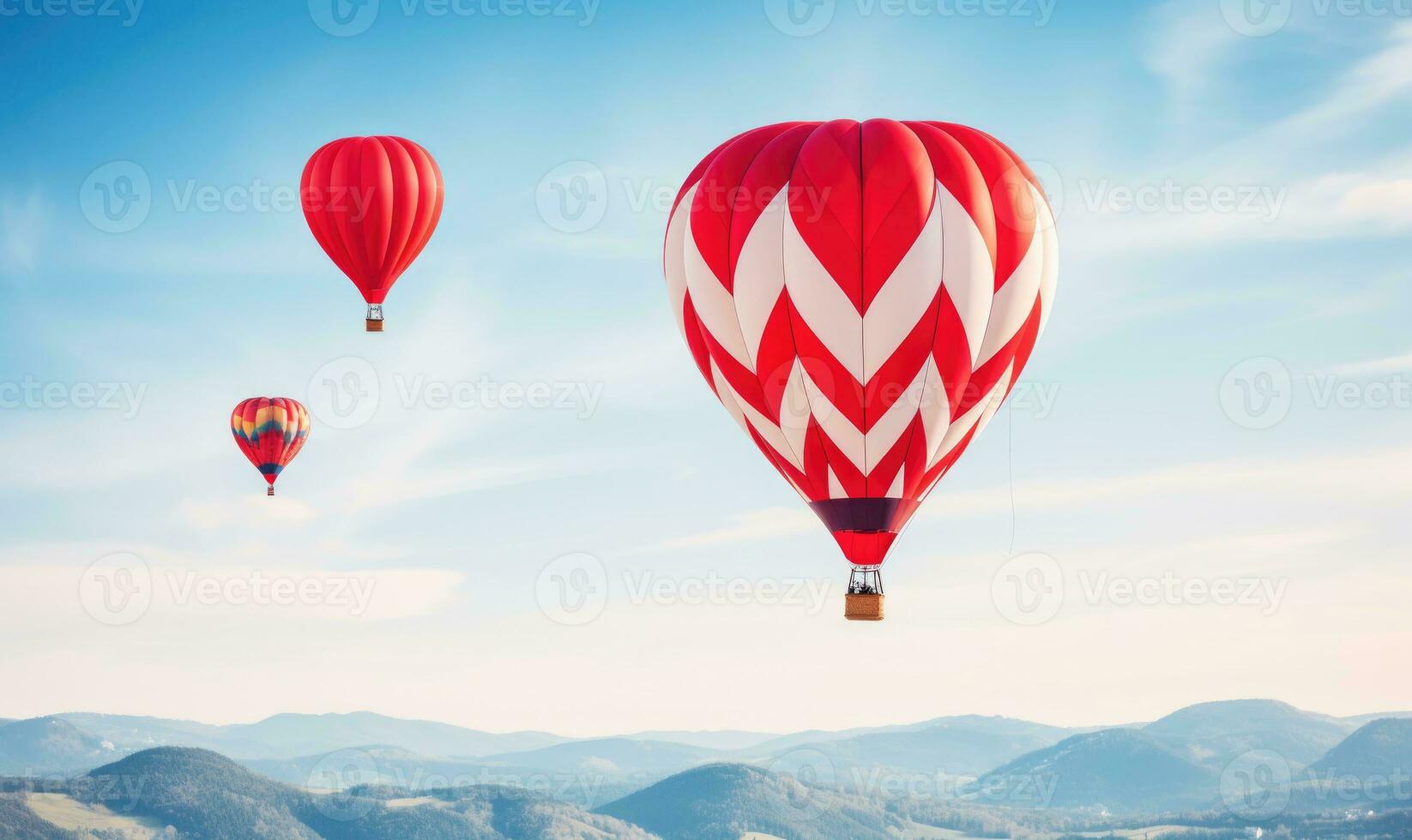 AI generated Colorful hot air balloons flying high in blue sky. photo