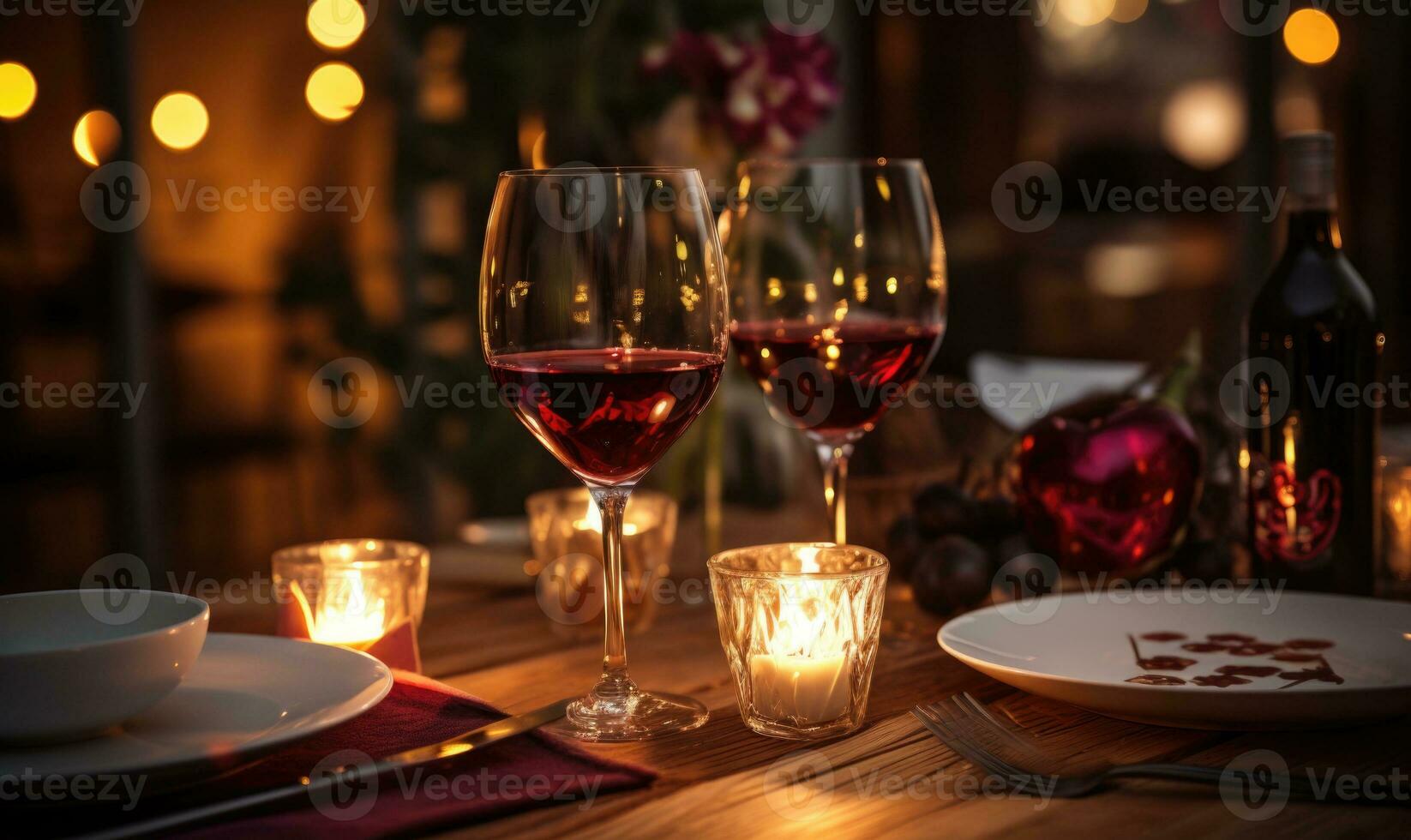 AI generated Romantic dinner setting with roses and candles on wooden table in restaurant photo