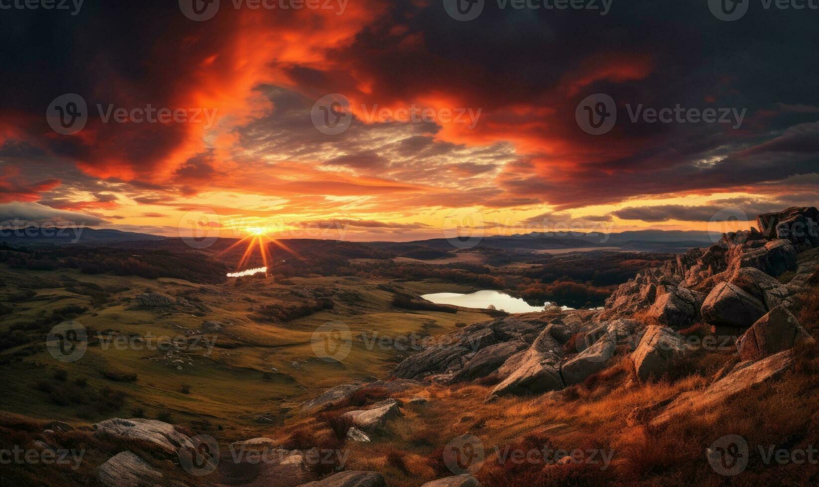 ai generado un panorámico paisaje presentando un dramático ardiente puesta de sol terminado montañoso terreno con un tranquilo lago foto