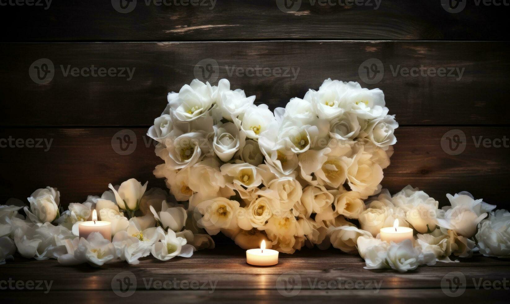 AI generated Heart of white flowers on wooden background. Valentines day concept. photo