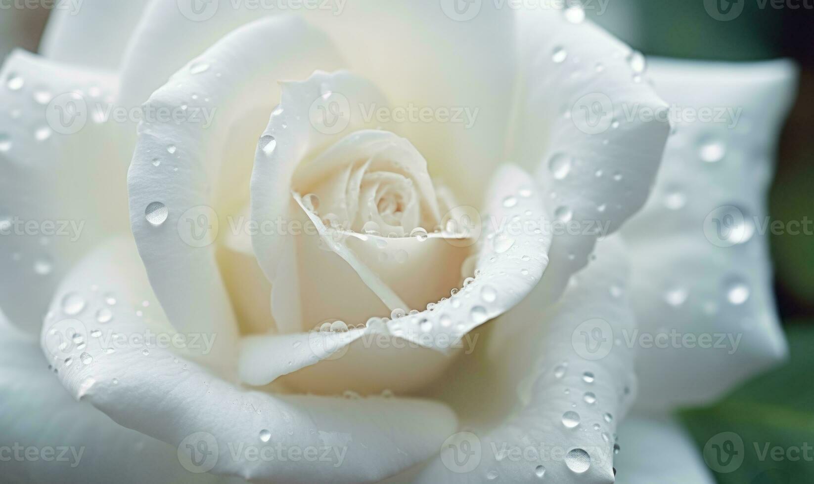 ai generado hermosa blanco Rosa con agua gotas en pétalos de cerca foto