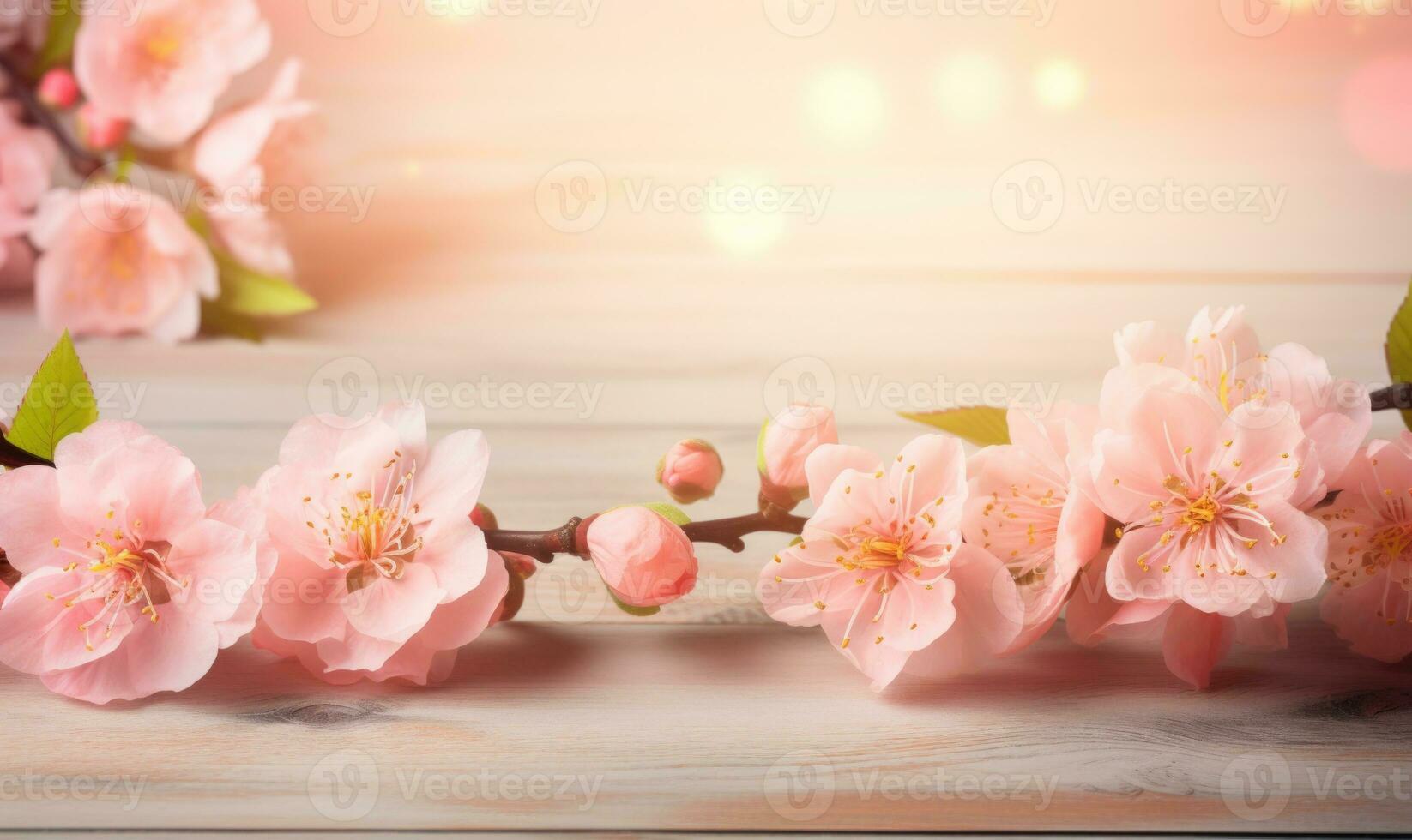 AI generated Blossoming branch of peach on a wooden background with copy space photo