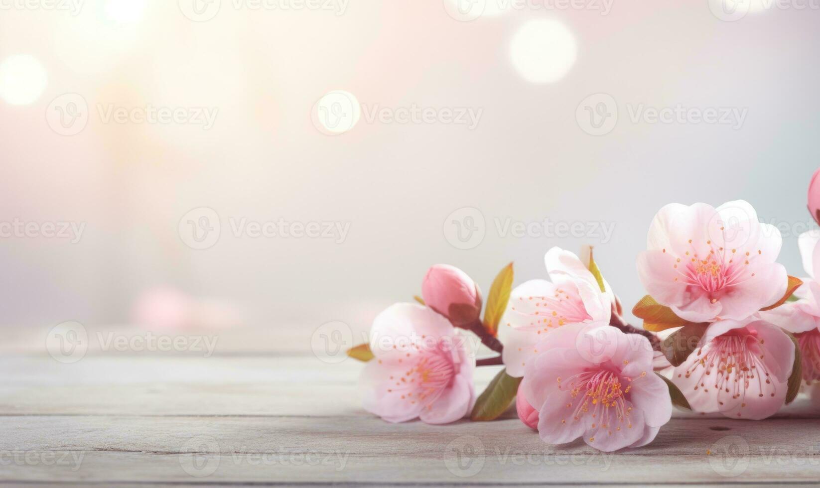AI generated Blossoming branch of peach on a wooden background with copy space photo