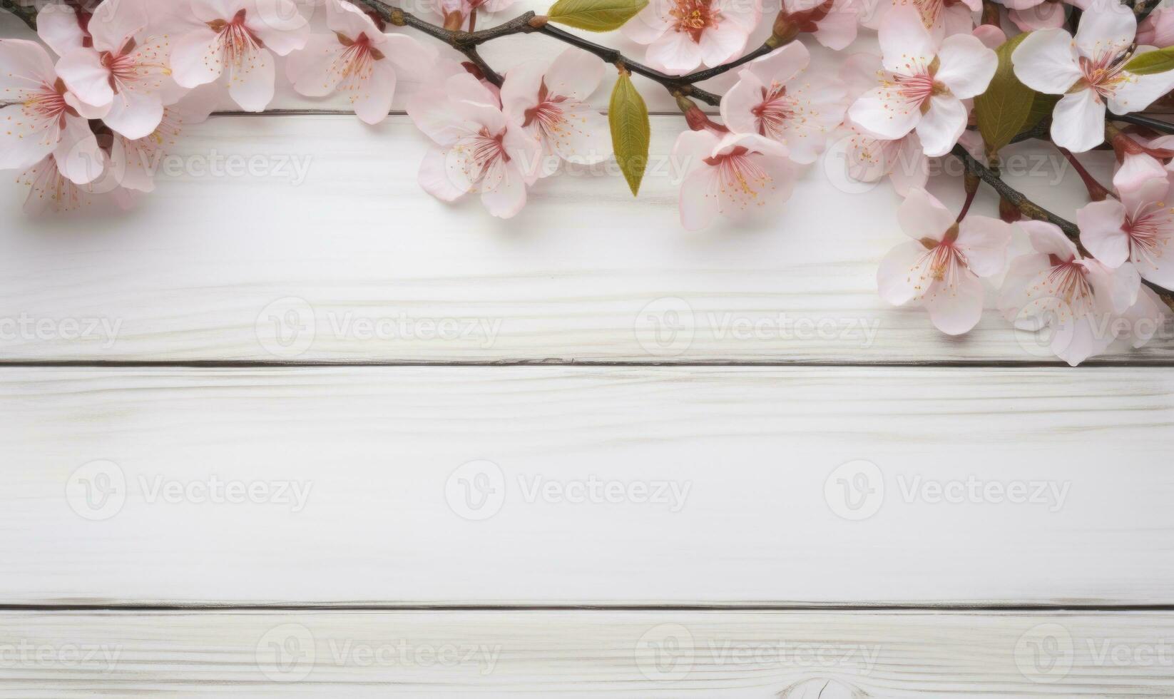 AI generated peach blossom on wooden background with copy space for your text photo